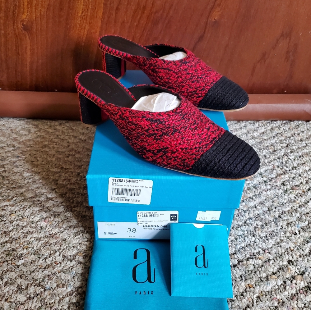 NIB ANTOLINA PARIS Dorina Red Black Woven Knit Block Heel Pumps Mules sz 38 - Picture 3 of 11